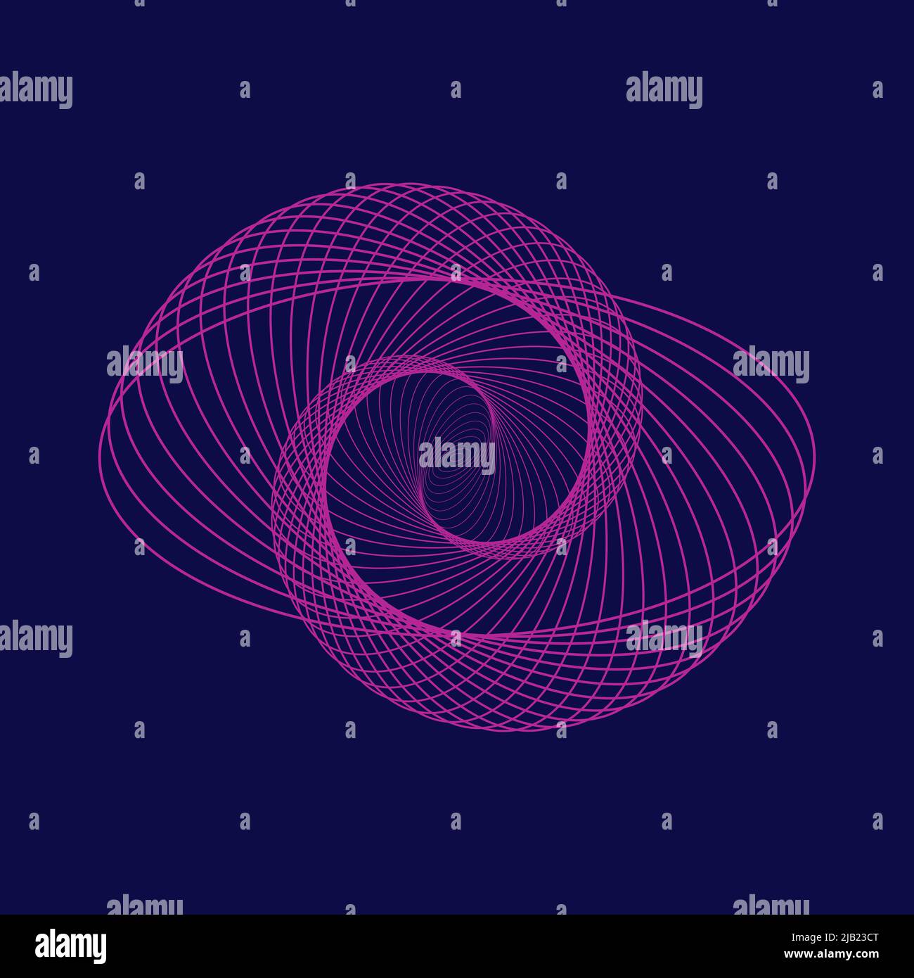 Abstract geometric background with spiral. Purple half circles on dark blue backdrop. Whirlpool linear concept. Circular wireframe mesh. Vector Stock Vector