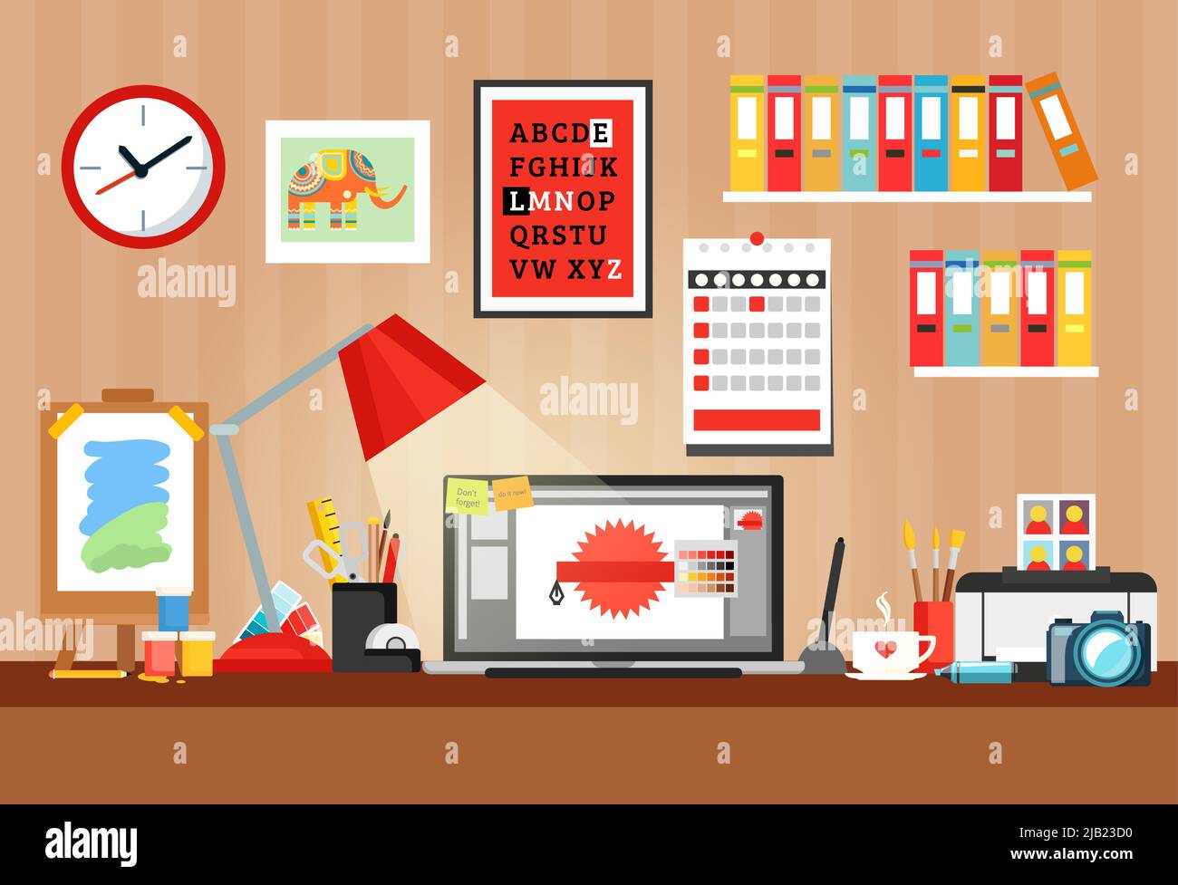 Colored and flat designer workplace composition with office space and table with attributes vector illustration Stock Vector