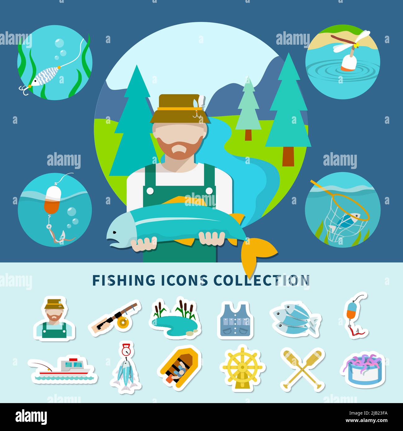 Fishing flat composition with faceless fisherman character and squid ...