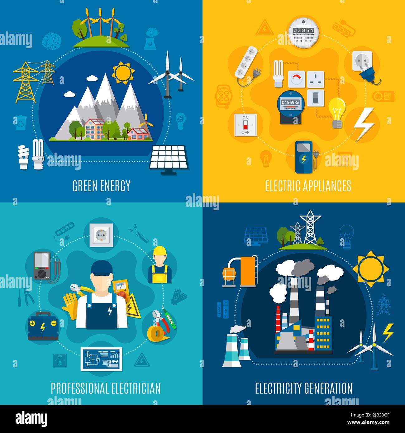 Flat compositions with electricity generation including wind turbines, green energy, professional electrician and equipment isolated vector illustrati Stock Vector