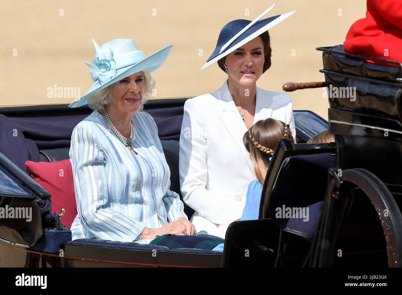 The Duchess of Cambridge, (right) and the Duchess of Cornwall ride in a carriage during the Trooping the Colour ceremony at Horse Guards Parade, central London, as the Queen celebrates her official birthday, on day one of the Platinum Jubilee celebrations. Picture date: Thursday June 2, 2022. Stock Photo