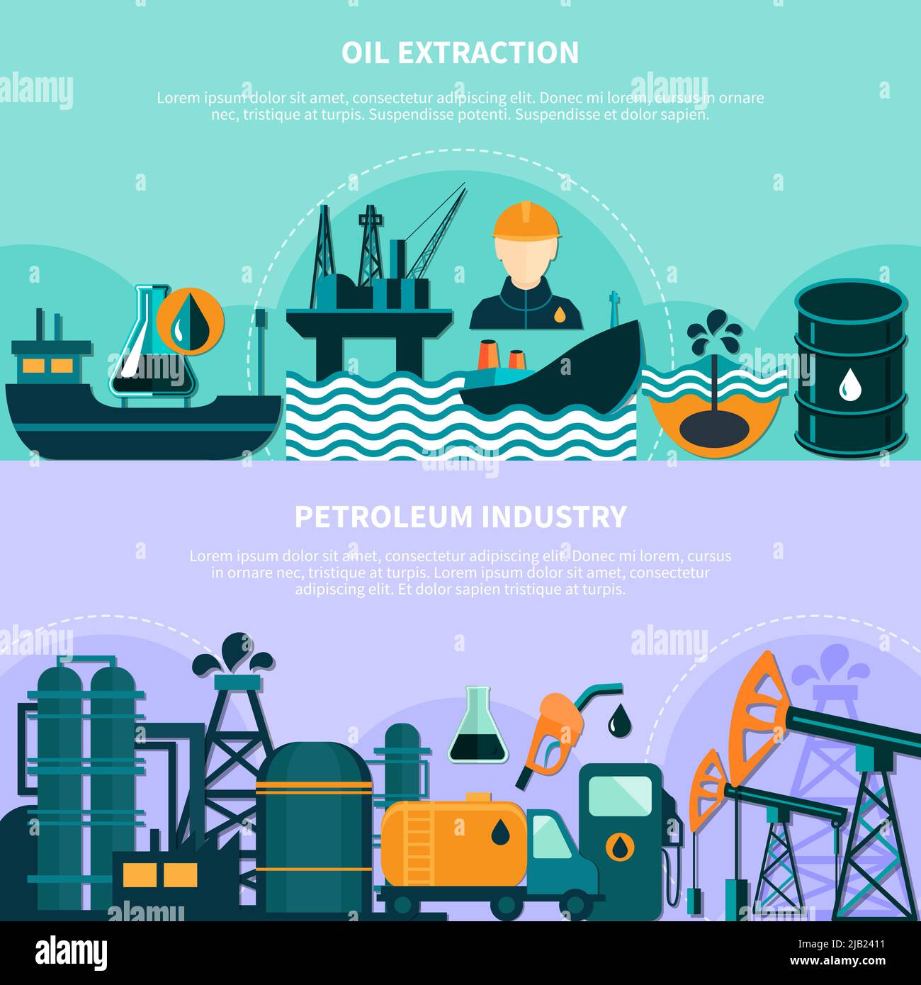 Oil industry horizontal banners set with doodle images of offshore