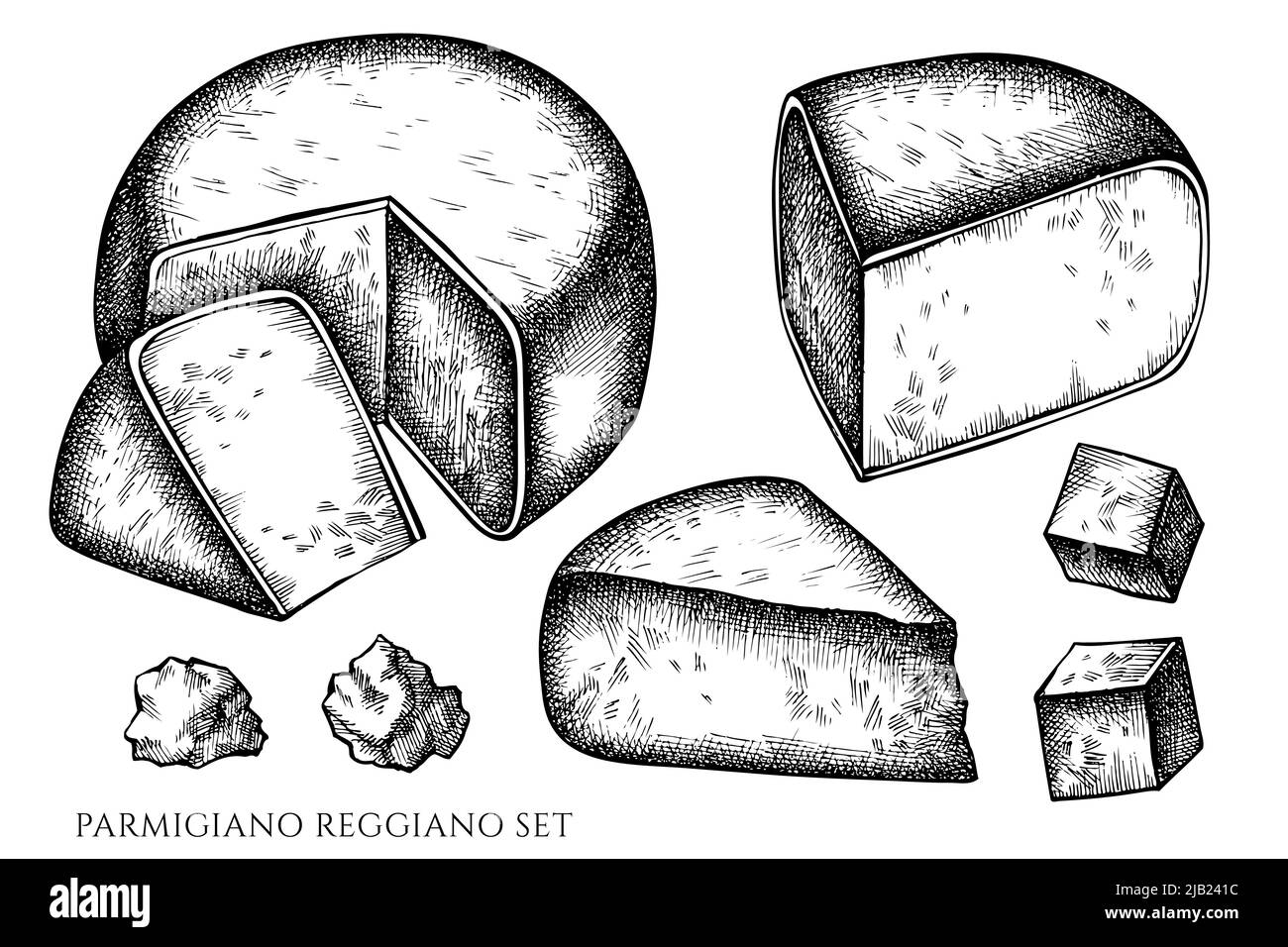Cheese vintage vector illustrations collection. Black and white parmigiano reggiano. Stock Vector