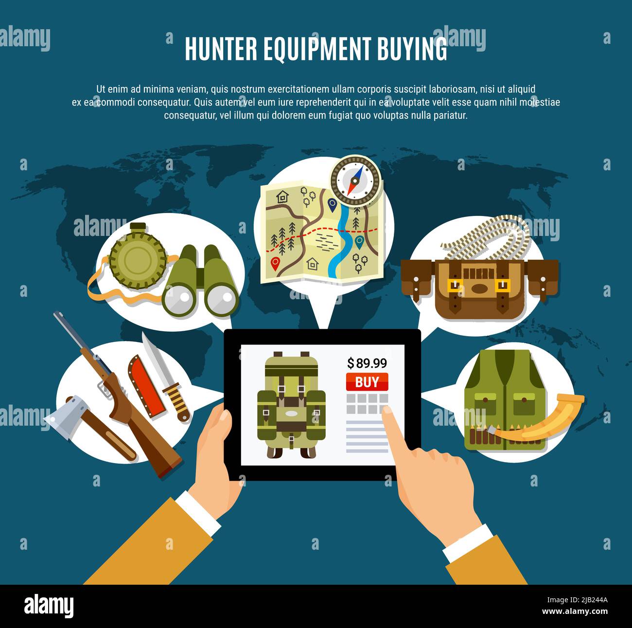 Hunter equipment composition with uniform rifle and map flat vector
