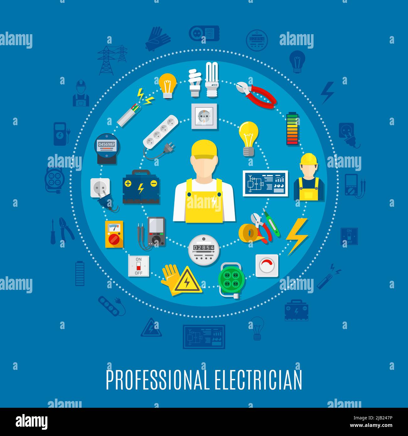 Professional electrician round design with icons of work tools and electric appliances on blue background vector illustration Stock Vector