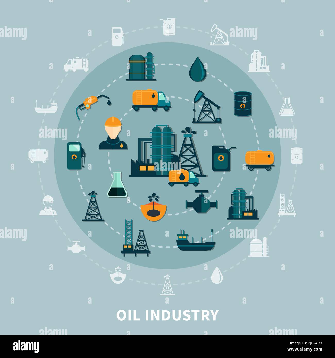 Oil industry composition with isolated flat icons and silhouettes of ...