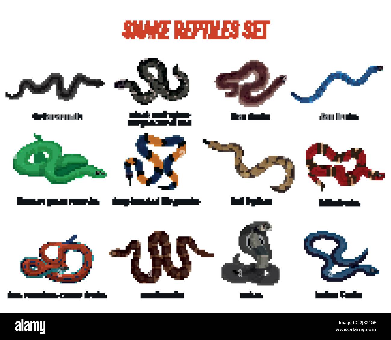 Snakes reptiles set with boa of various types, royal python, cobra, rattlesnake, sea serpent isolated vector illustration Stock Vector