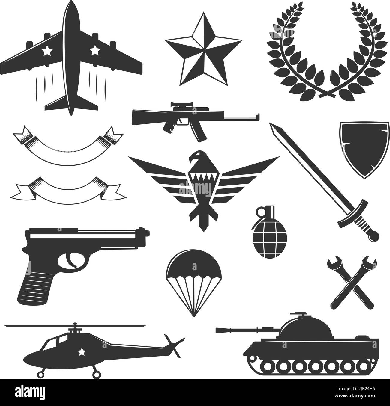 Military emblems elements set of isolated monochrome images of weapons signs and symbols on blank background vector illustration Stock Vector