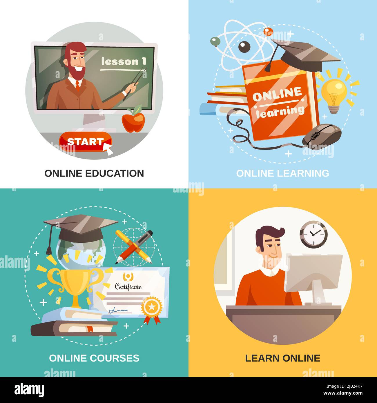 Online learning 2x2 design concept with equipment and tutorials for distance education certificate and magistracy hat flat vector illustration Stock Vector