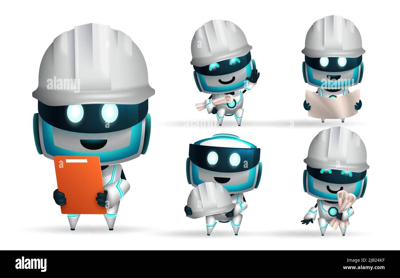 Robots character vector set design. Robot ai characters with hard hat and blueprint layout elements for robotic engineer collection. Stock Vector