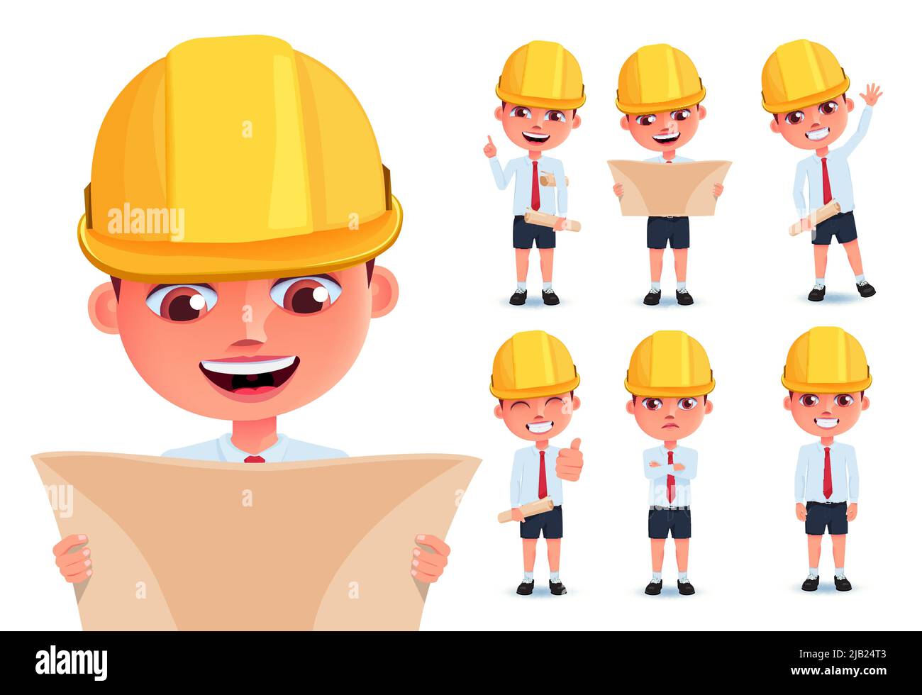 Boy students vector character set. Boys engineers character with hard hat and blueprint layout isolated in white background for male kid character. Stock Vector