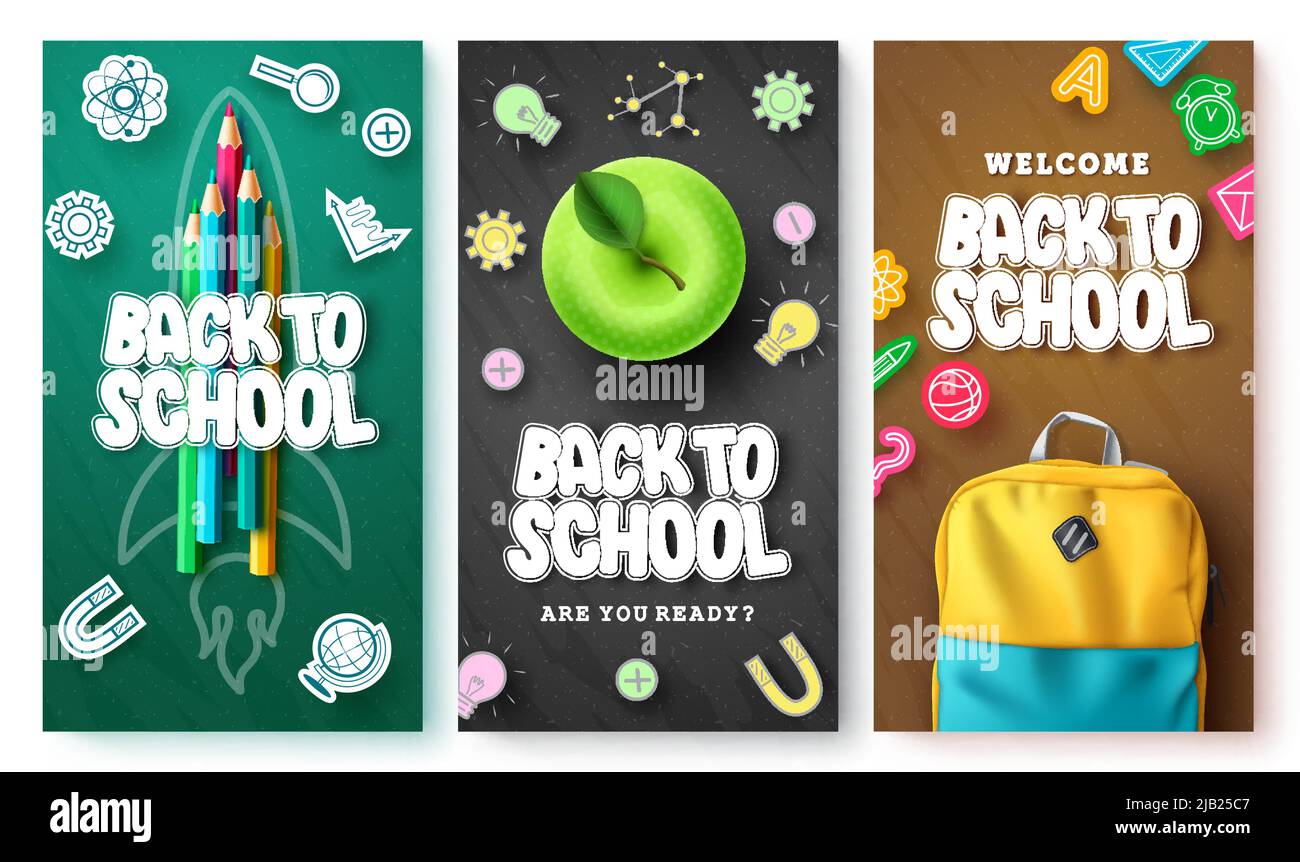 Back to school vector poster set. Back to school text with learning ...