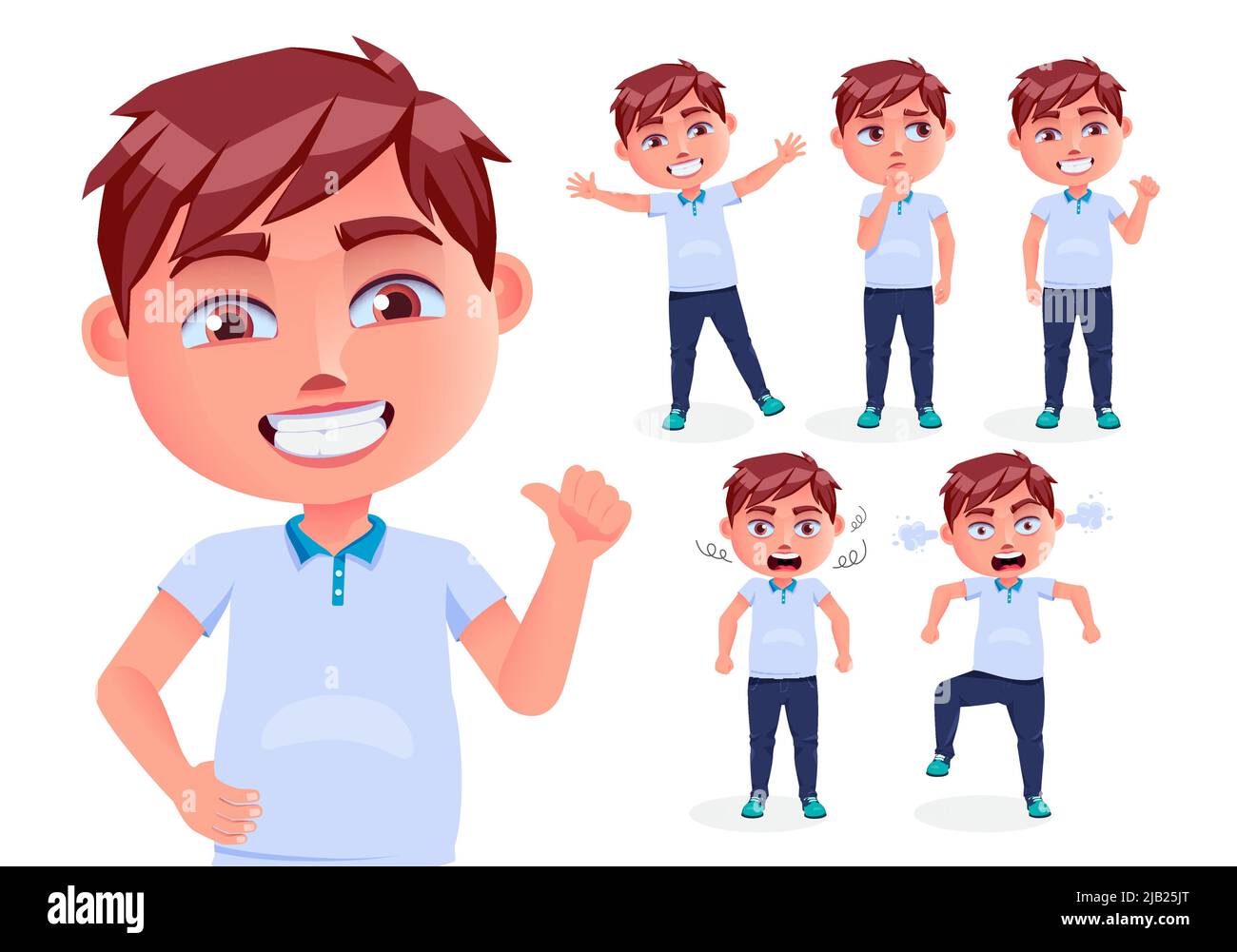 Boy kid vector character set design. Male school characters with standing, smiling and shouting gesture and facial expression for friendly back. Stock Vector