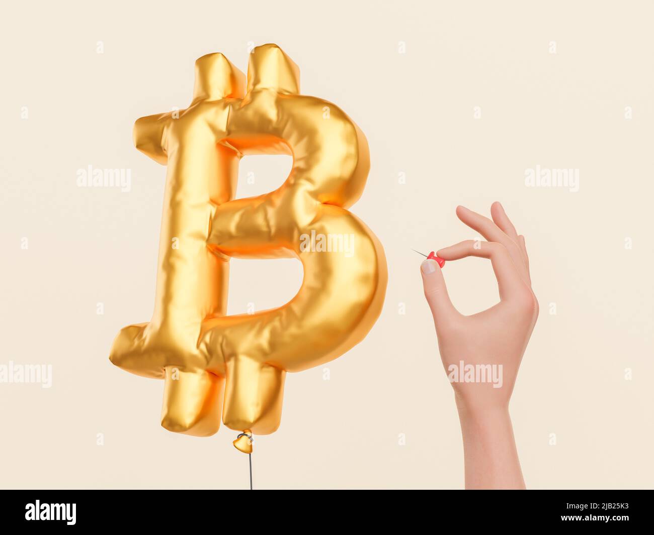 3D rendering of person inserting pin into golden bitcoin shaped air balloon  before cryptocurrency failure on pink background Stock Photo - Alamy