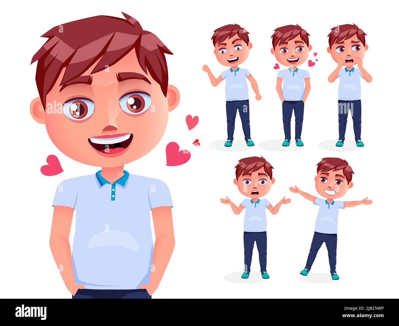 Boy kid inlove vector characters set. Male school character in love facial expression isolated in white background for cute and friendly educational. Stock Vector