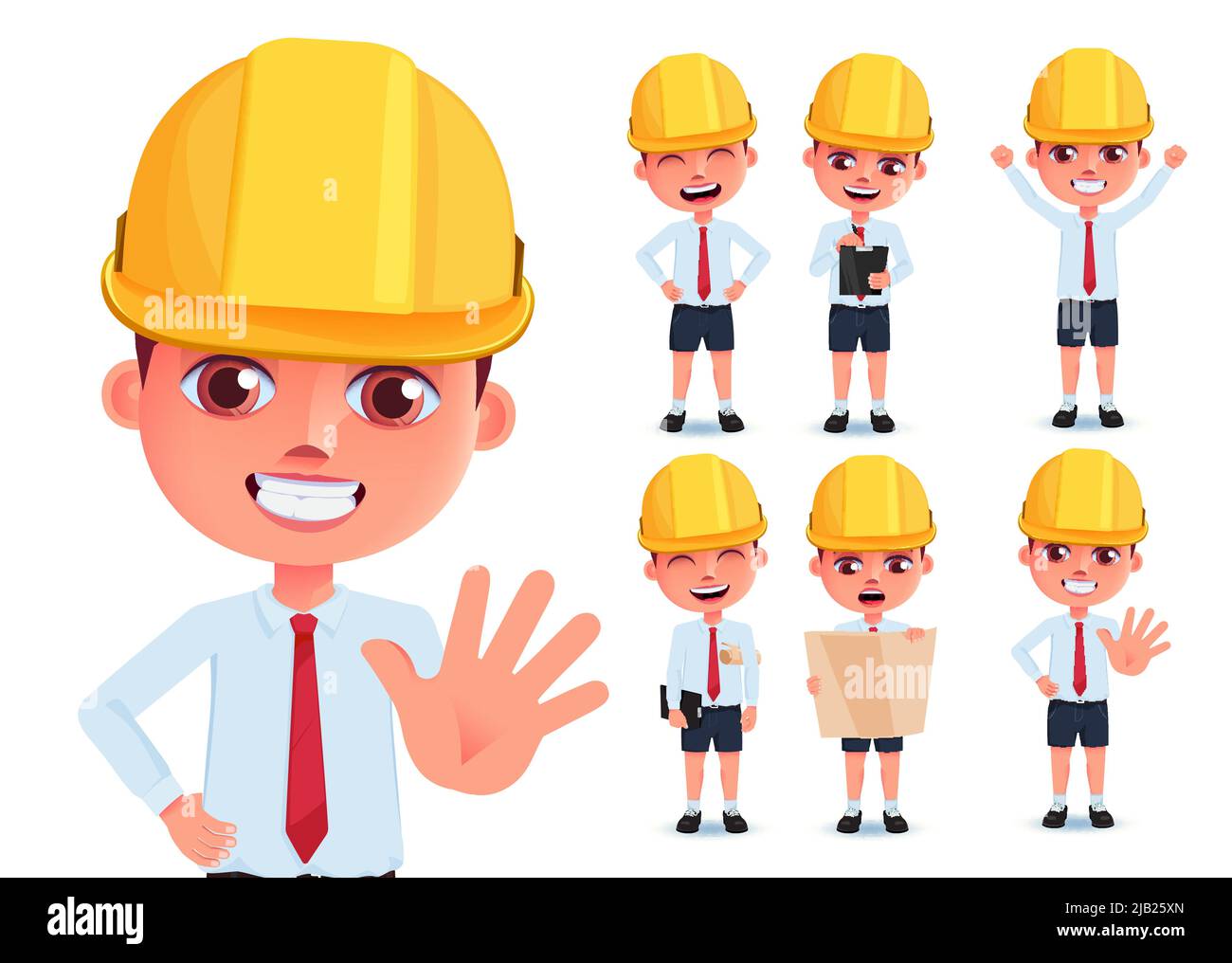 Boy students vector character set. Kid engineers character in happy, friendly and jolly facial expression with hard hat for male profession collection. Stock Vector