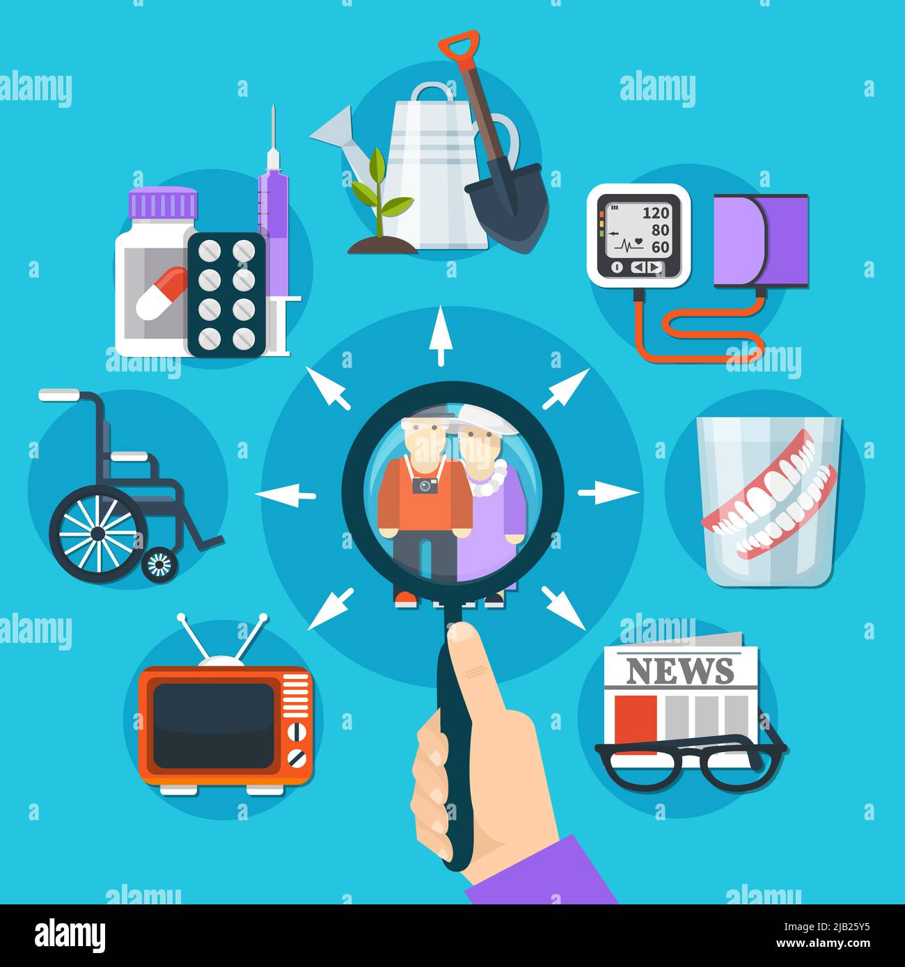 Pensioner research composition with magnifier in hand someone considers the life of retired people vector illustration Stock Vector