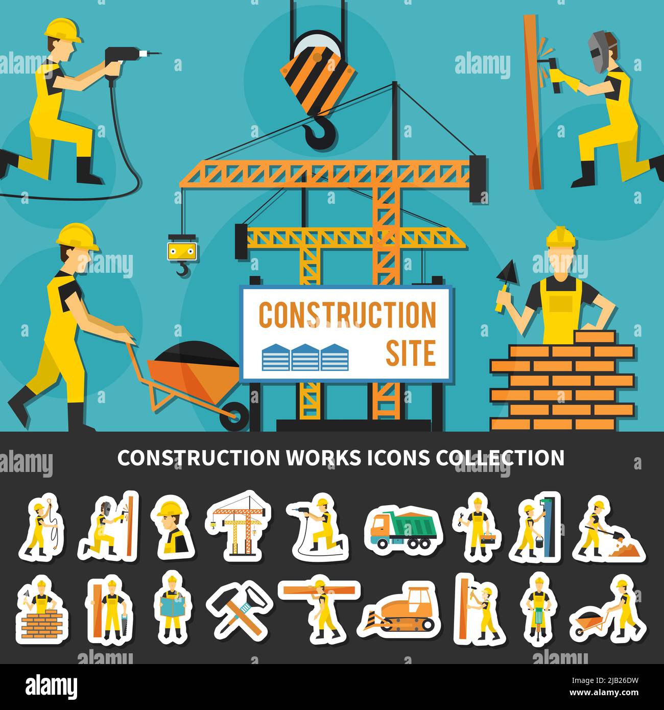 Colored construction worker flat concept with icon set combined in construction site composition vector illustration Stock Vector