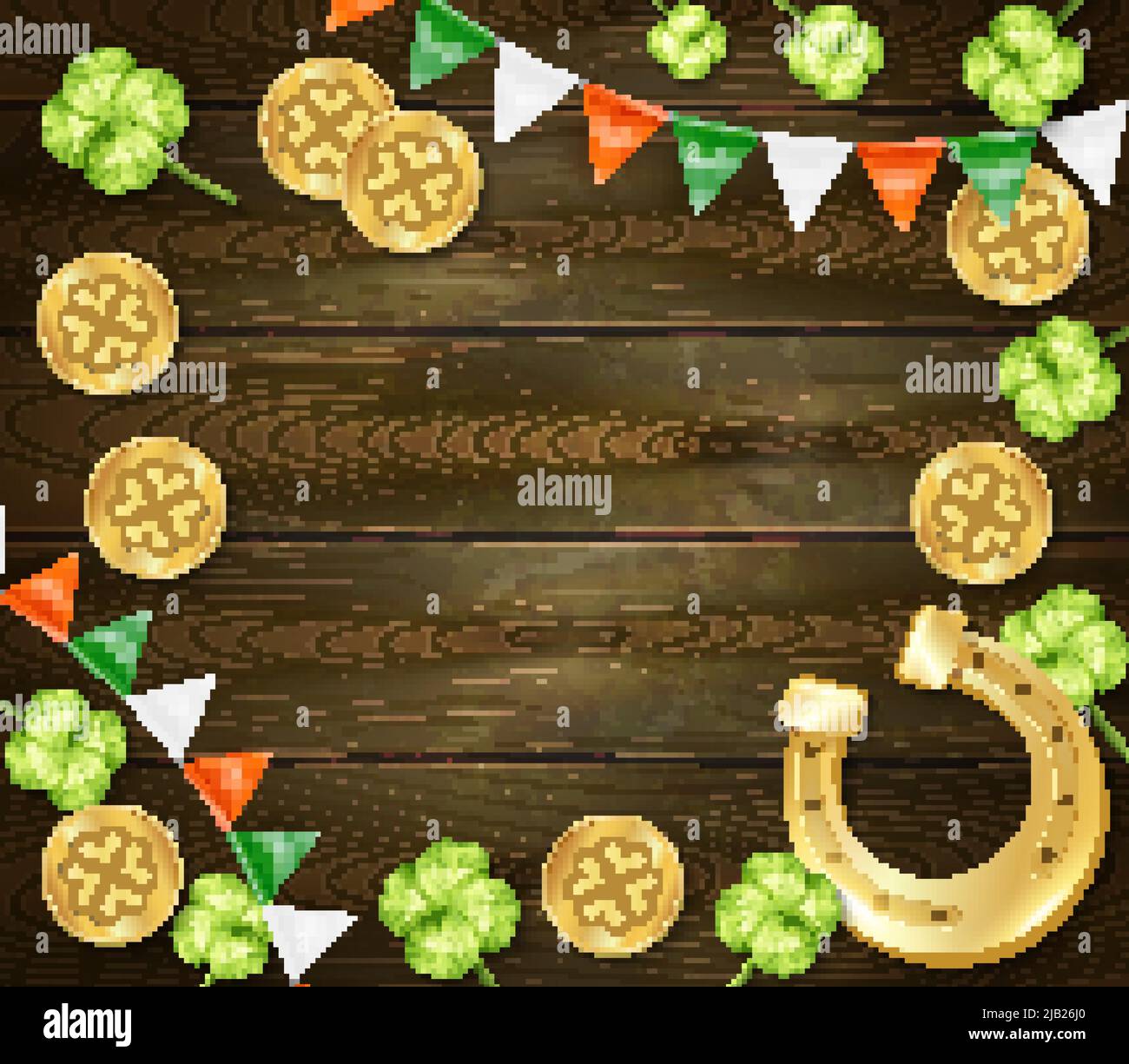 Saint patricks day frame on wooden background with golden horseshoe and ...