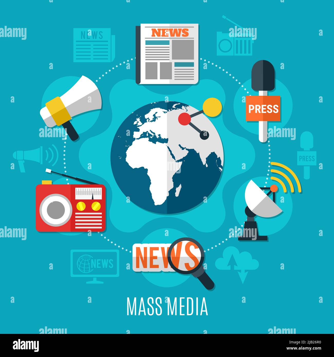 Mass media design concept with world sign in centre and news