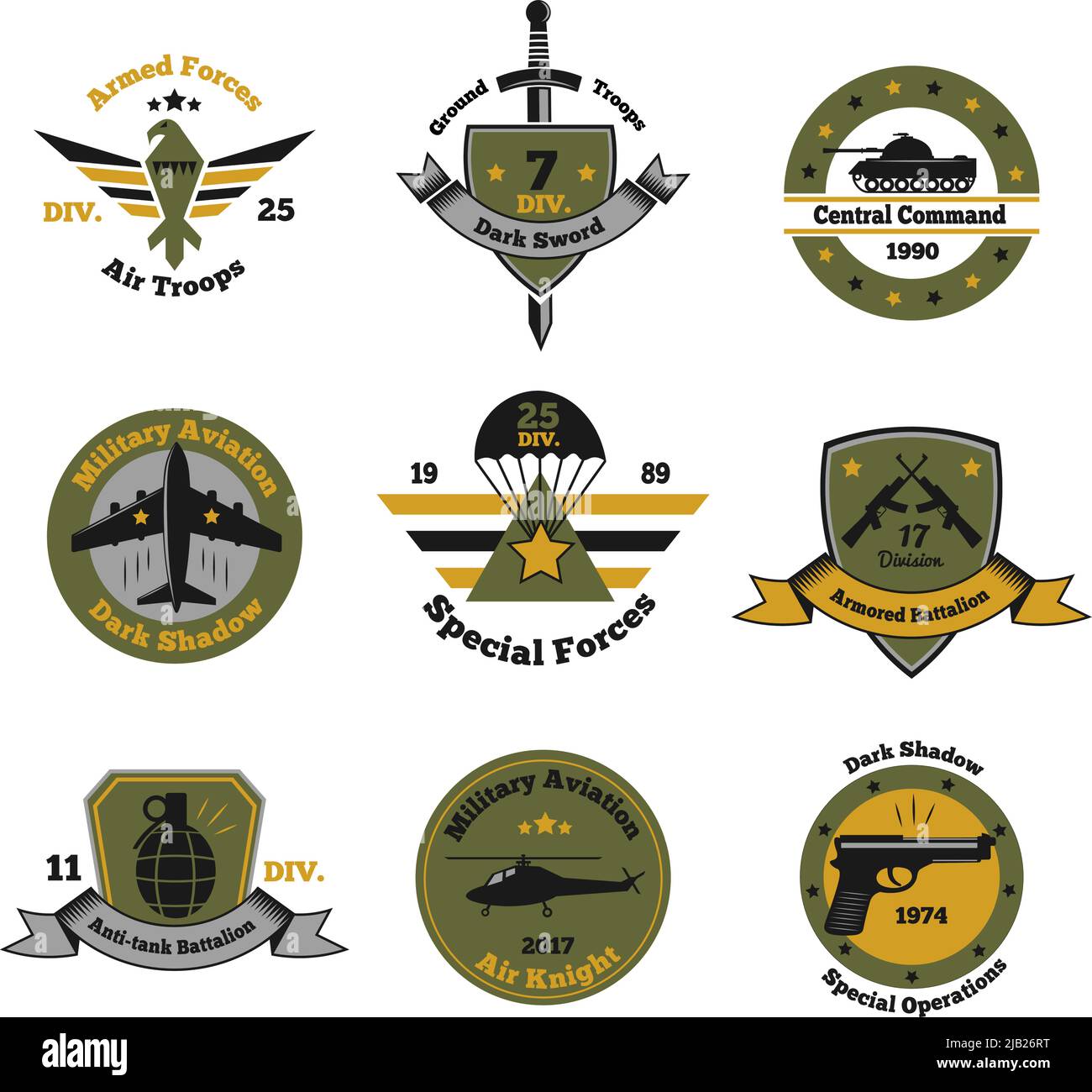 Military emblems color set of nine isolated images with decorative symbols text captions and arms inventory vector illustration Stock Vector