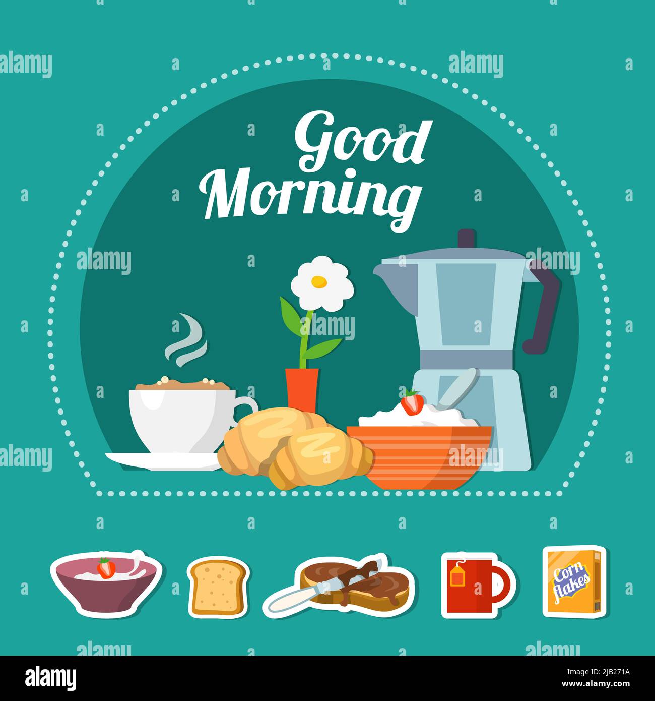 Flat design delicious healthy breakfast concept and colorful food icons ...