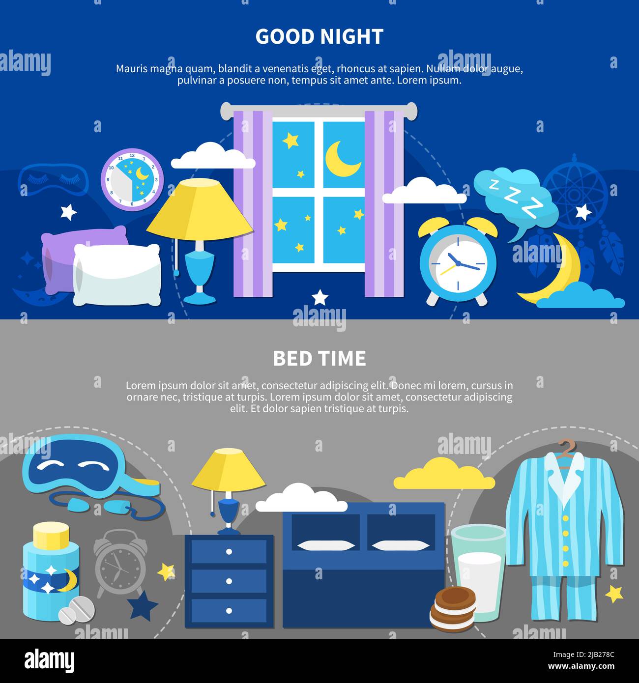 Good night 2 flat horizontal bedtime banners with bed pajama nightstand