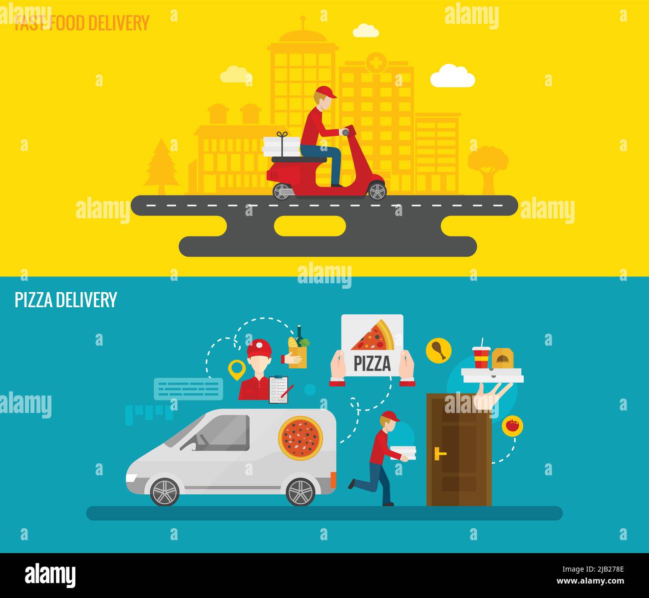 Fast food and pizza delivery by courier to the door horizontal banners