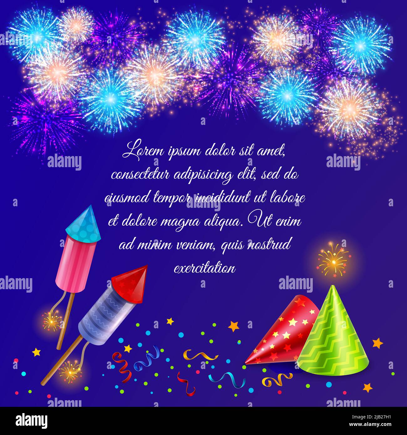 Fireworks background composition with ornate firework display images of firecrackers party hats and confetti with text vector illustration Stock Vector