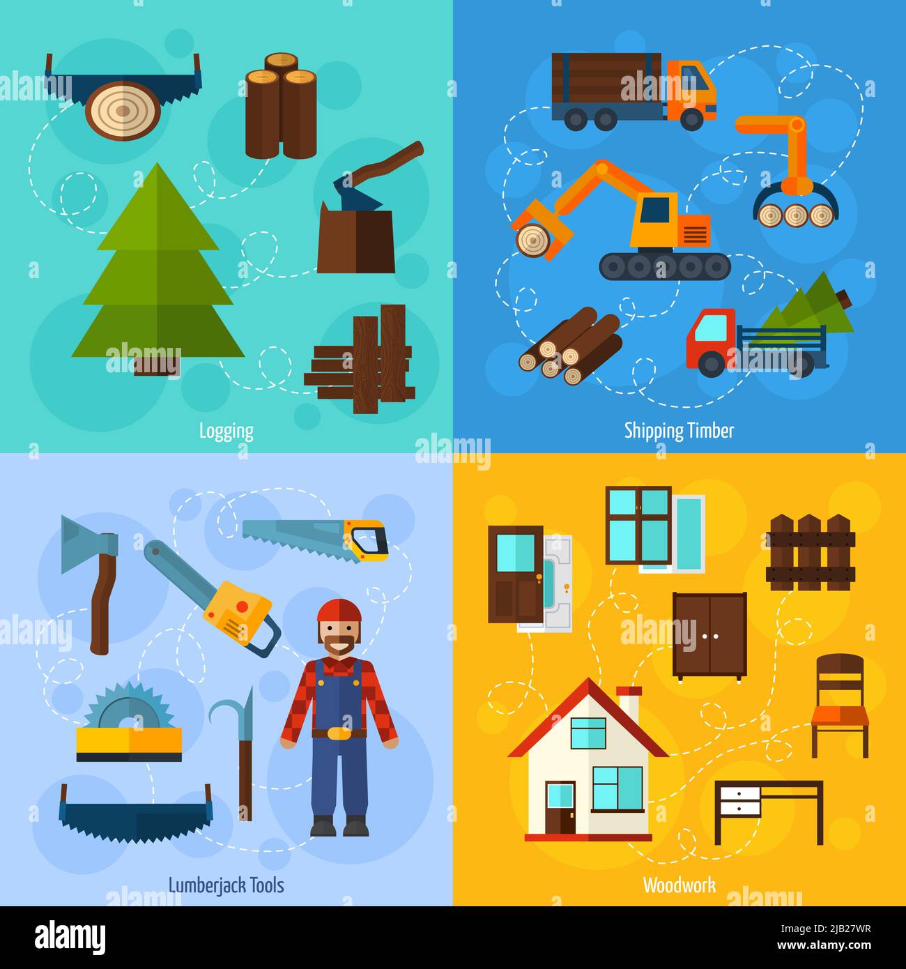 Woodworking industry design concept set with lumberjack logging and timber shipping flat icons isolated vector illustration Stock Vector