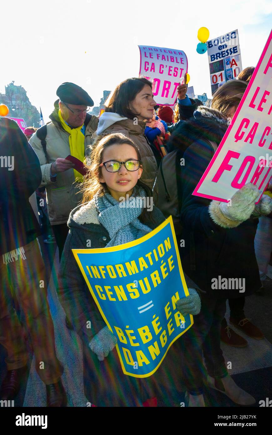 Paris, France, Crowd People, Traditionalists, Pro-Life, Anti-Abortion Demonstration, 'March Pour la Vie' Young Girl Holding Protest Sign against 'Censorship' Stock Photo