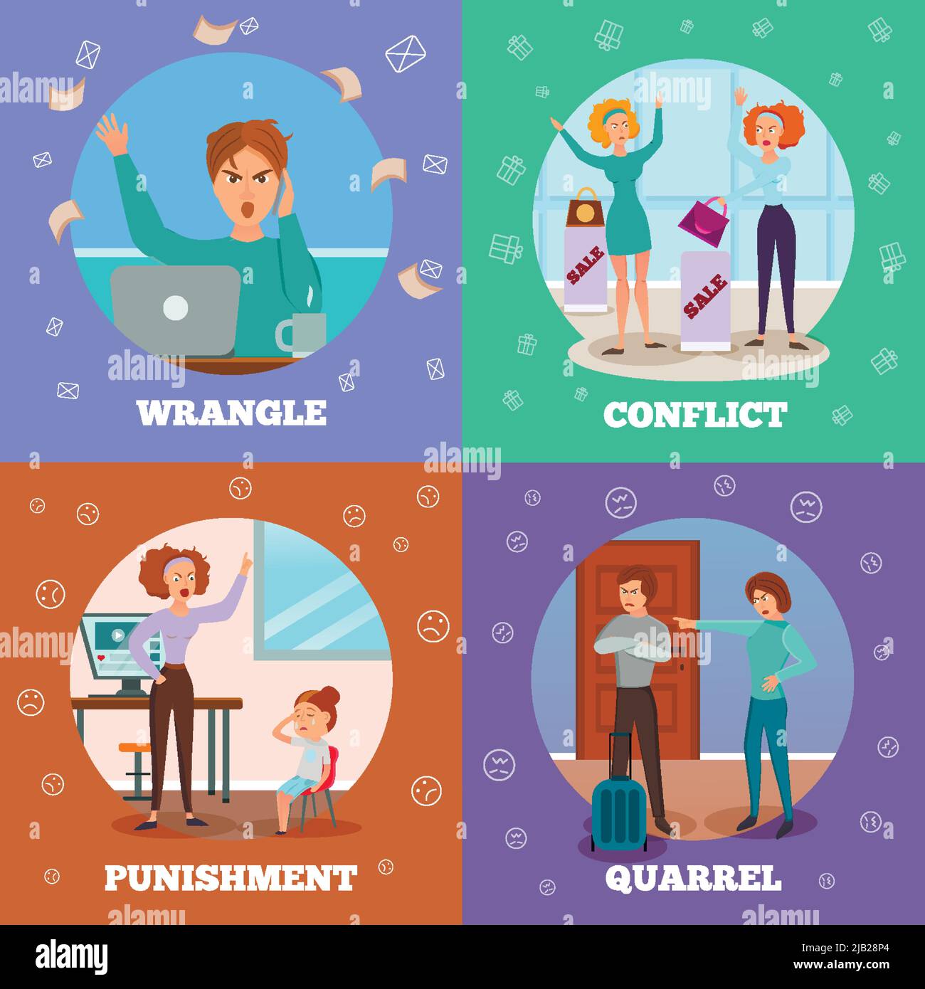 Characters expressing anger in conflict situation punishing kids quarreling wrangling 4 cartoon icons concept isolated vector illustration Stock Vector
