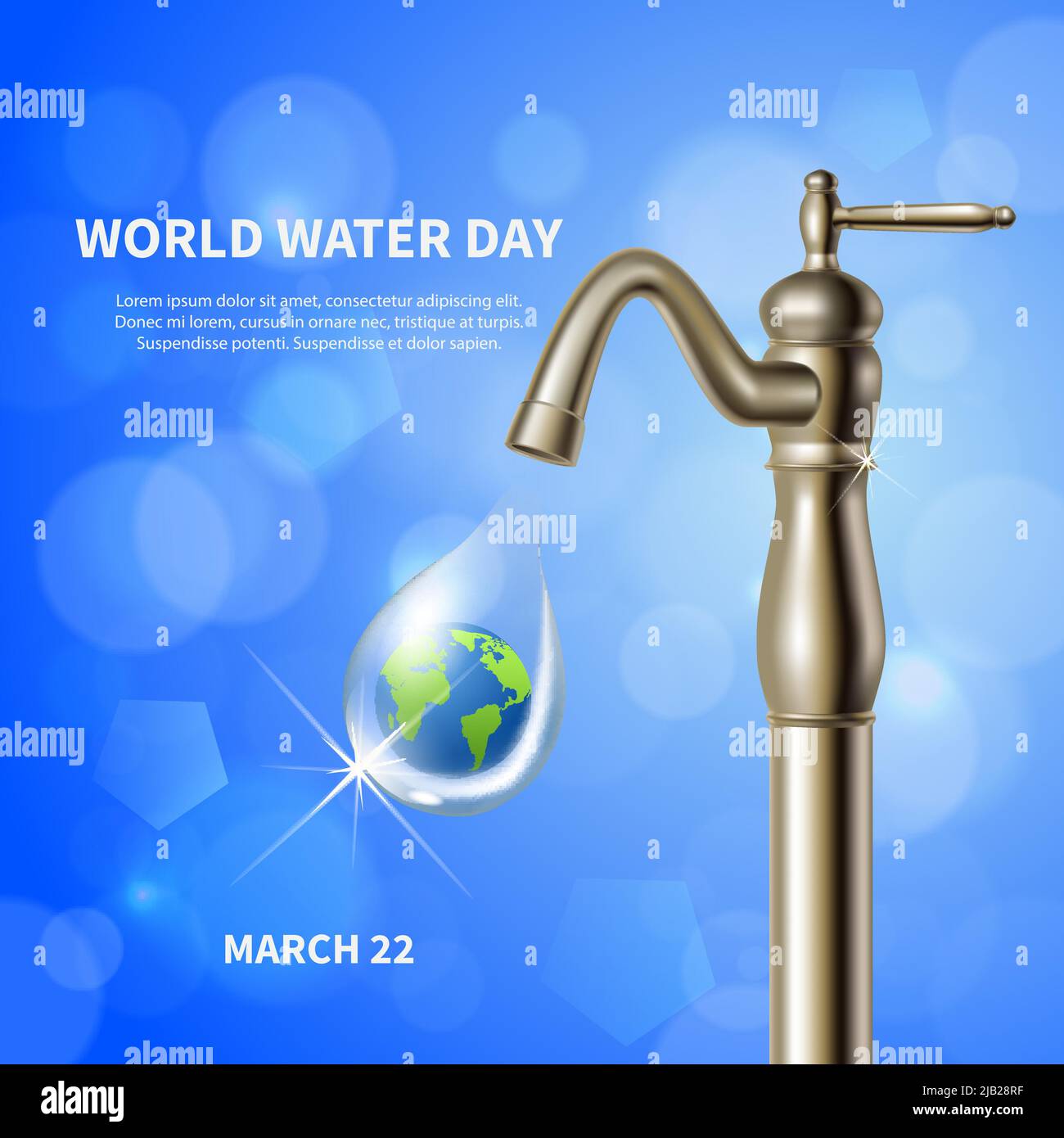 World water day advertising blue poster with water crane and green earth image in drop background realistic vector illustration Stock Vector