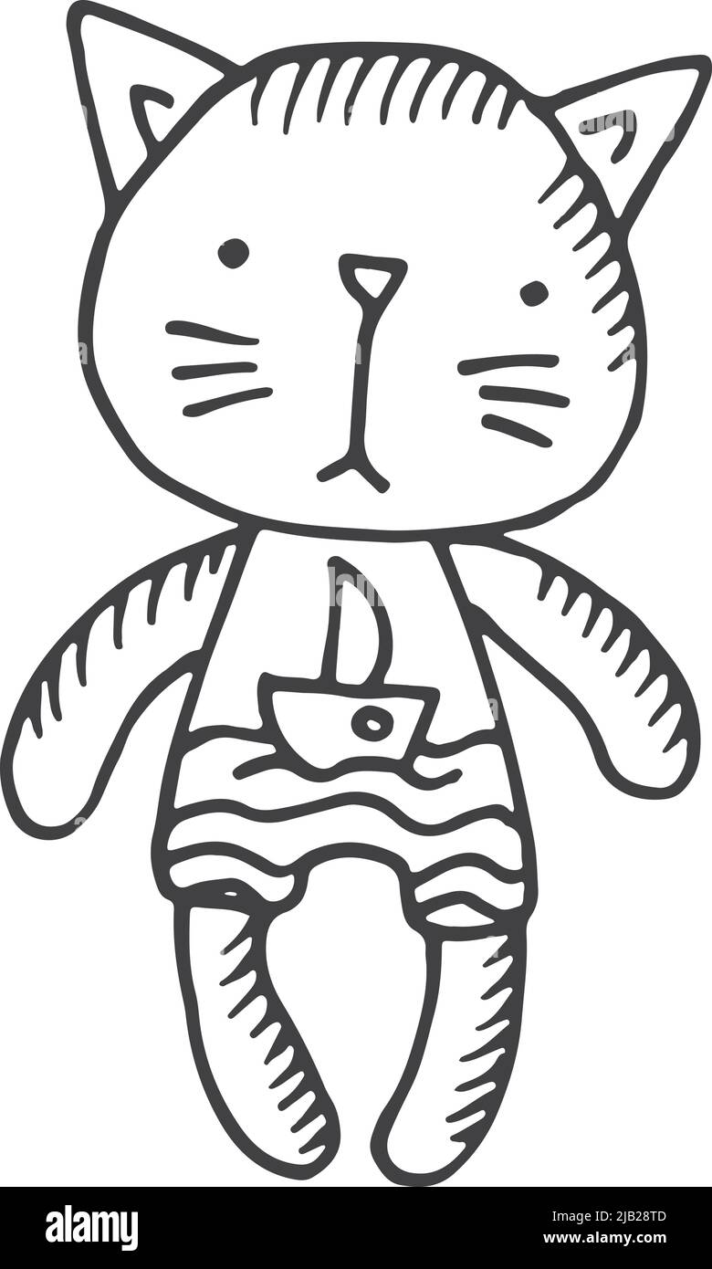 Sad cat soft toy. Baby sock animal sketch Stock Vector
