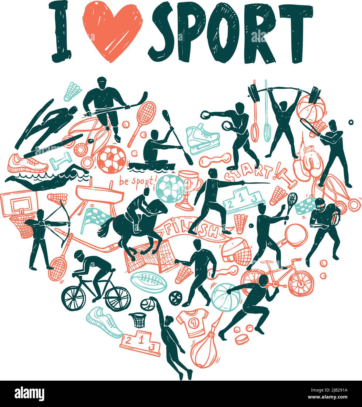 Love sport concept with hand drawn athletes in hears shape vector illustration Stock Vector