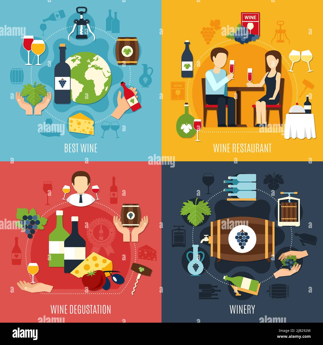 Flat design winery and people degusting best wine 2x2 icons set isolated on colorful background vector illustration Stock Vector