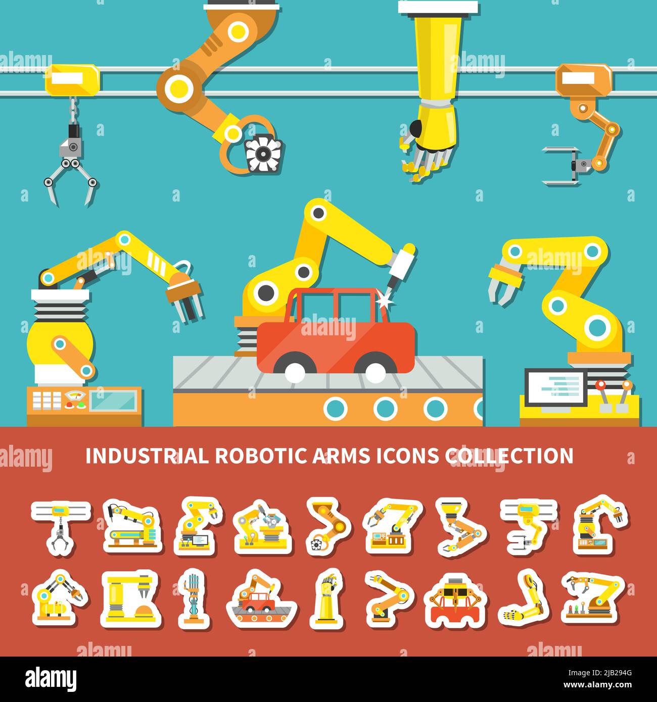 Flat robotic arm colored composition with industrial robotic arms icons