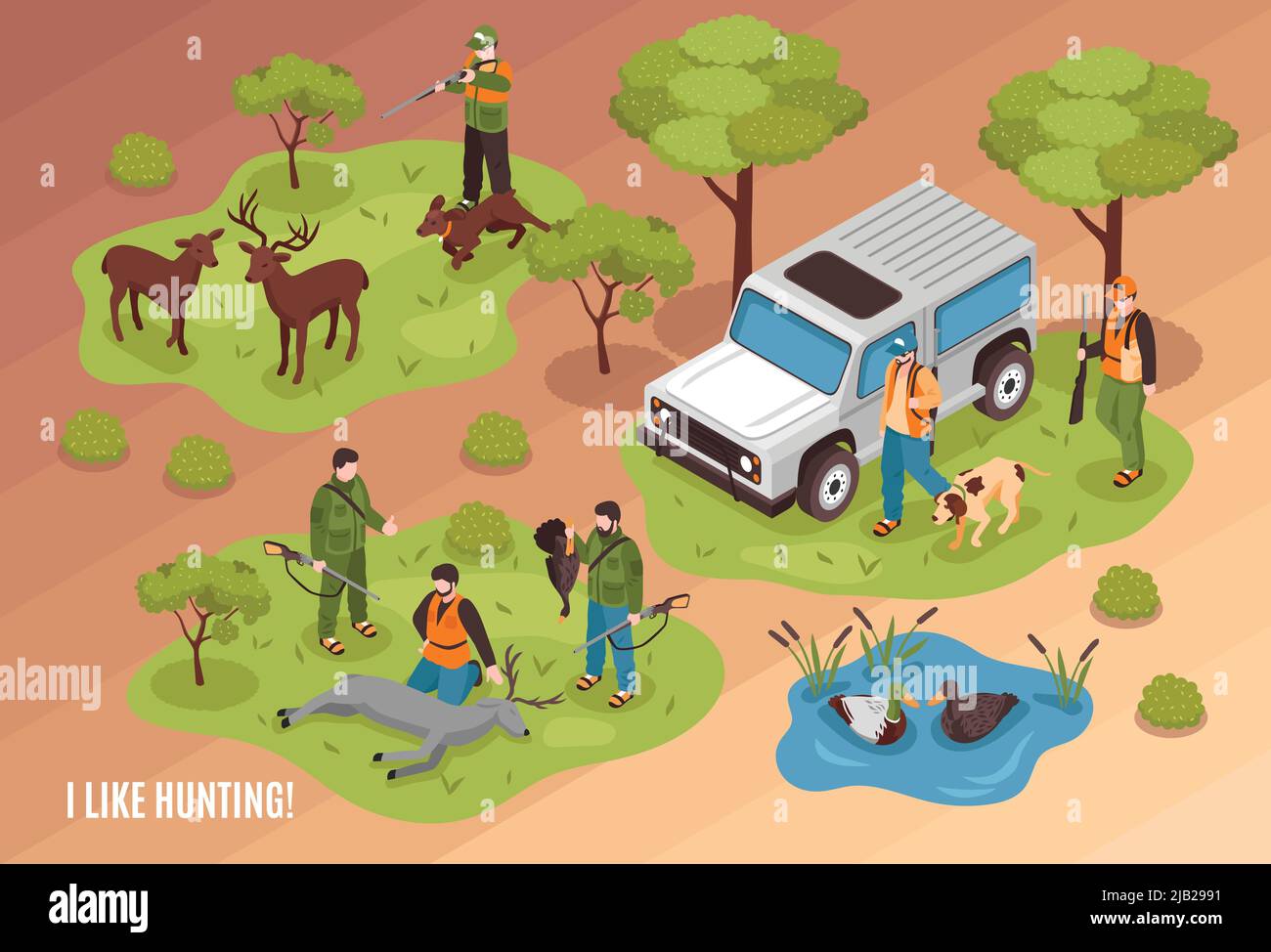 Hunting scene isometric composition with killed game animals jeep dogs and shooter aiming at deer vector illustration Stock Vector