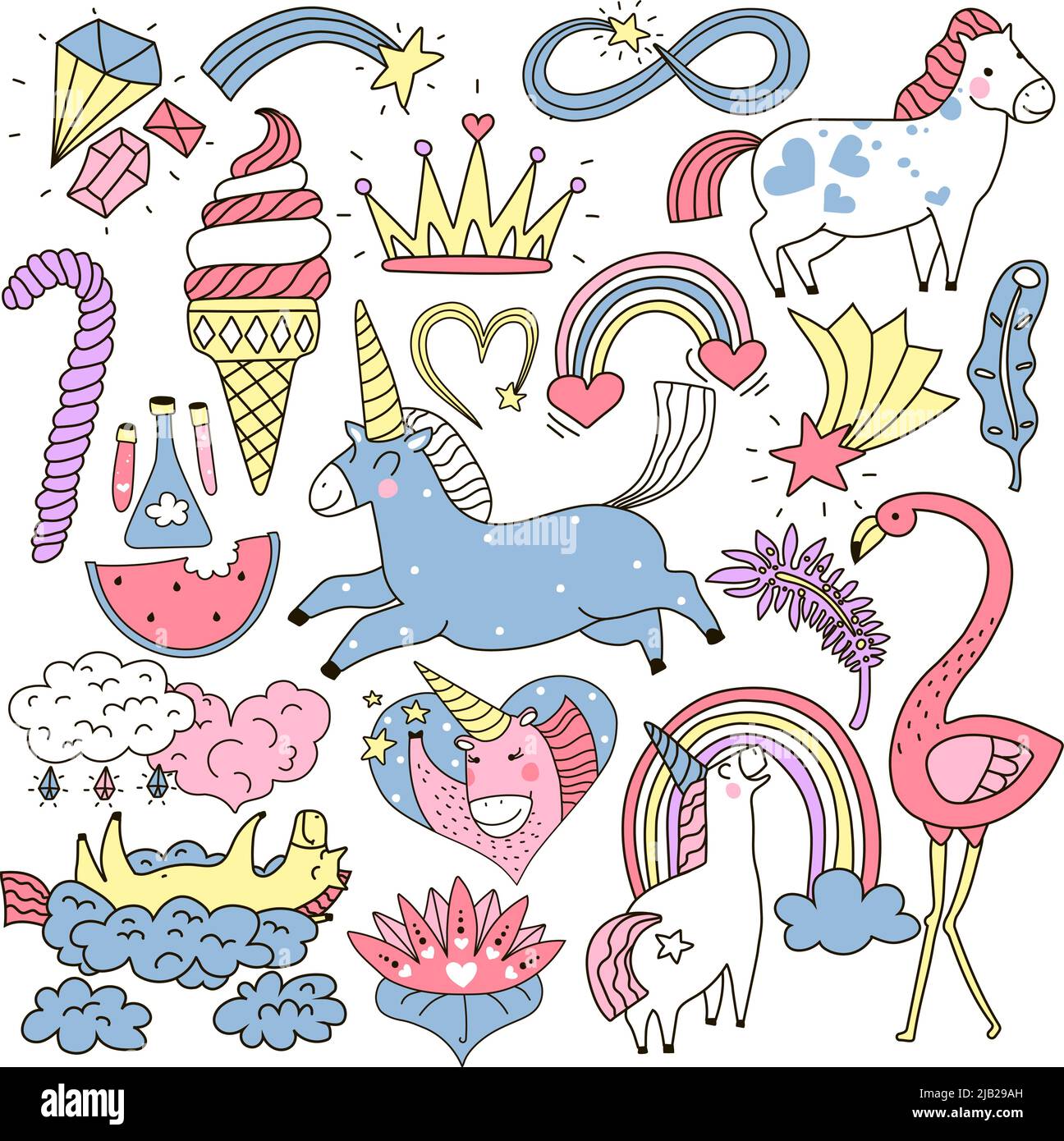 Cute unicorn and fairy elements colorful doodle set including crown, crystals, clouds, feathers isolated vector illustration Stock Vector