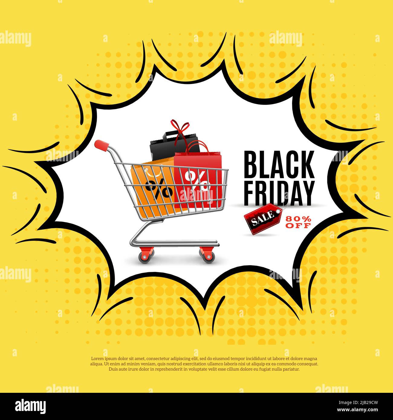 Black friday ad poster on yellow background with shopping trolley in
