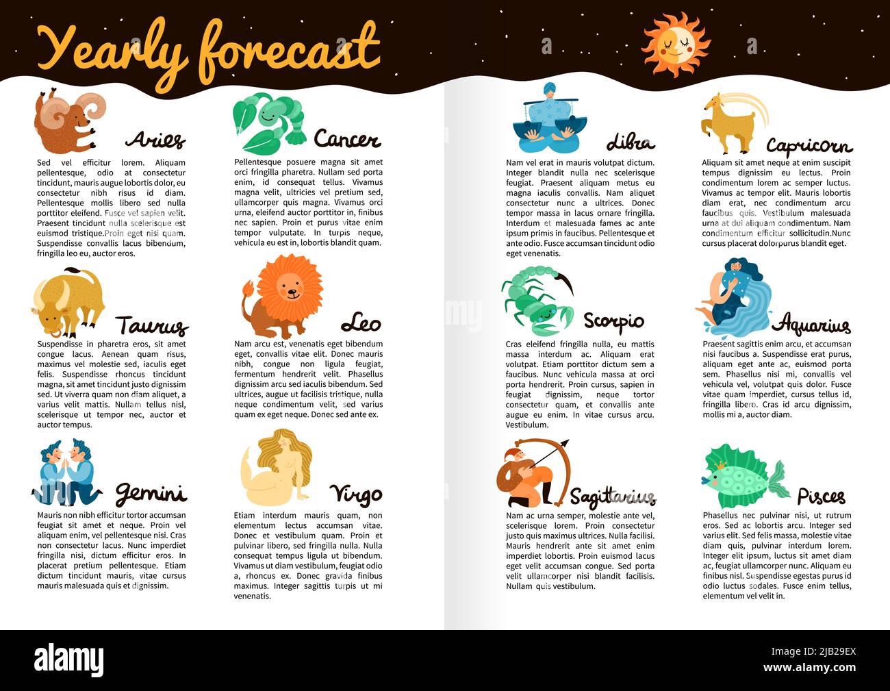 Yearly forecast by zodiac signs infographics on book pages with star sky, moon and sun vector