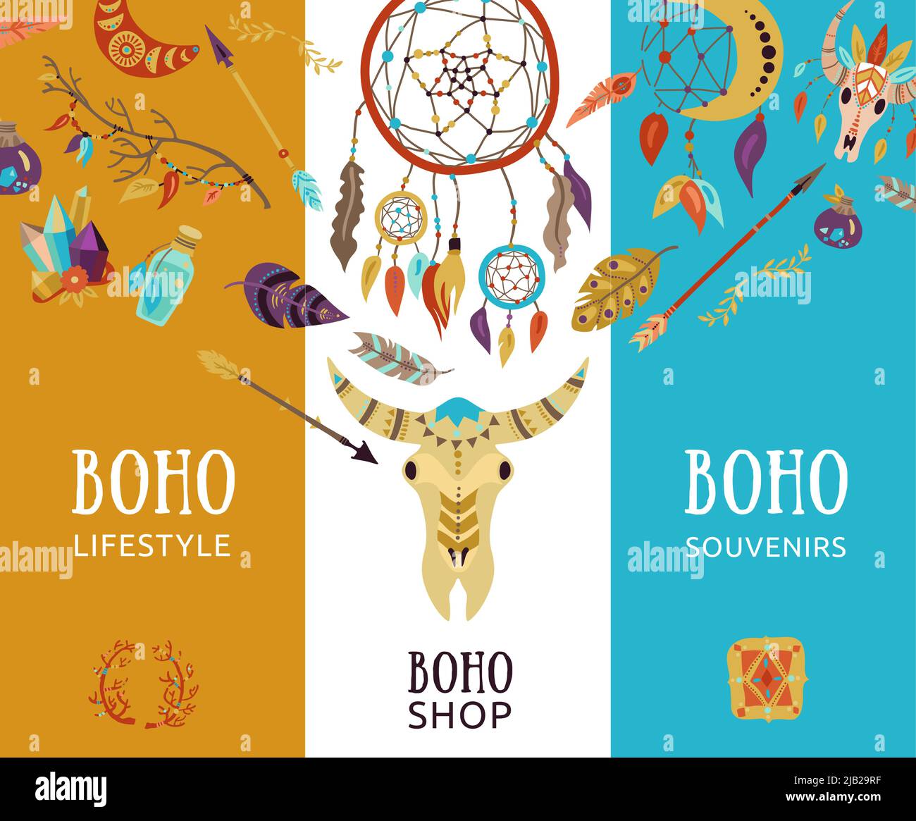 Boho souvenir lifestyle decorative elements 3 vertical banners with buffalo head dream catcher arrows isolated vector illustration Stock Vector
