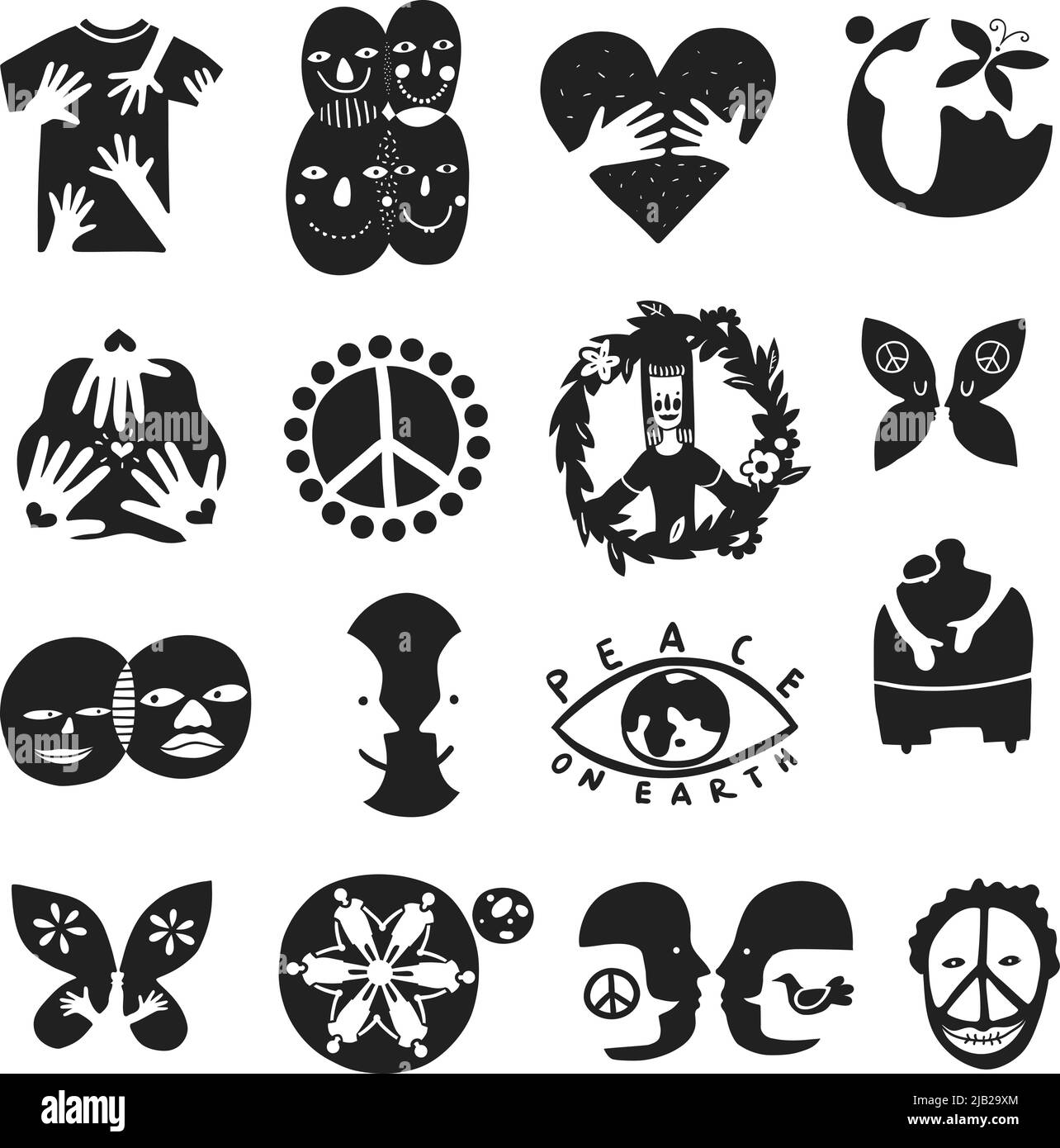 Set of monochrome international friendship symbols with peace sign, brother, children of earth, equality isolated vector illustration Stock Vector
