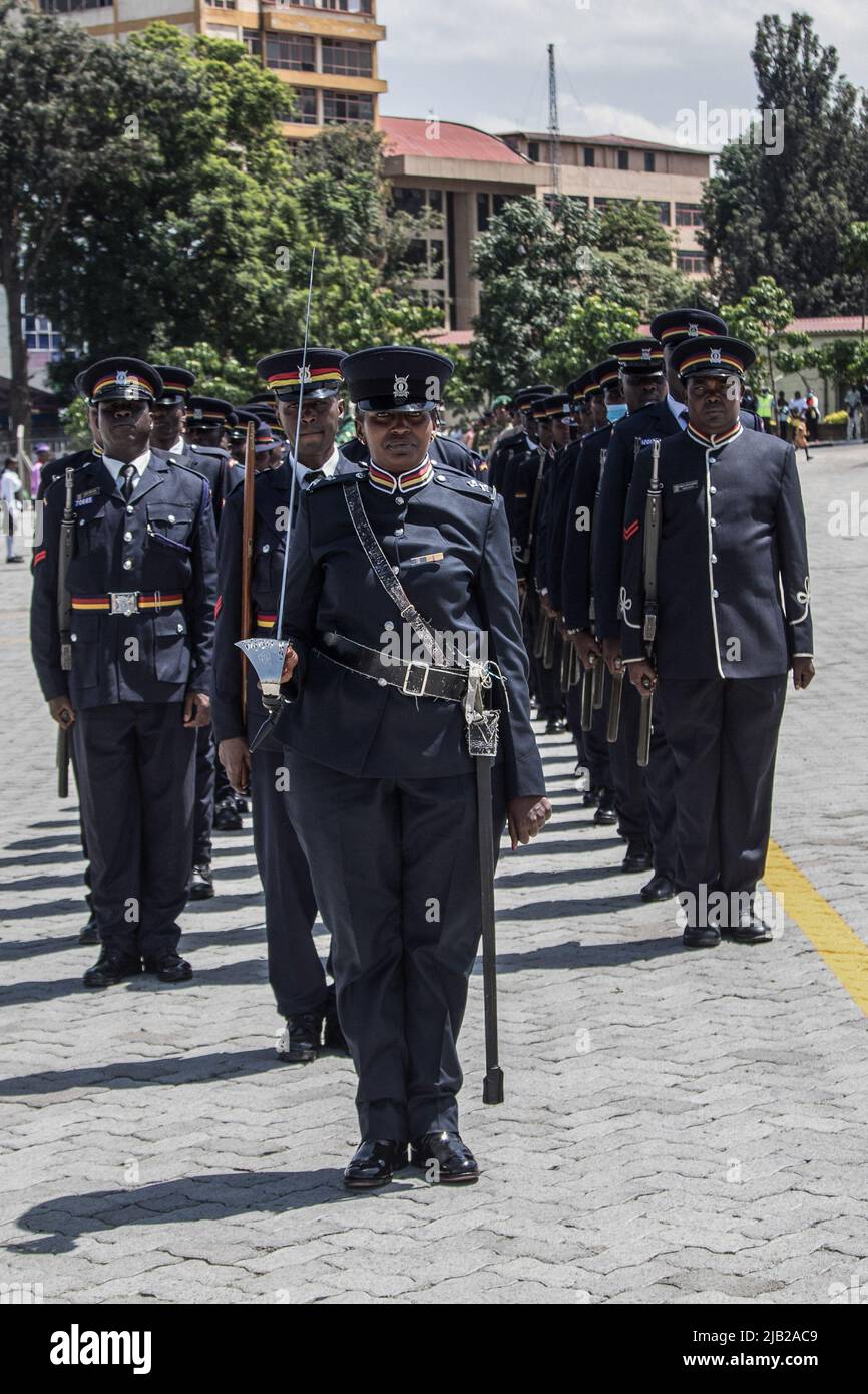 Kenyan police officers are seen in their ceremonial uniforms at a