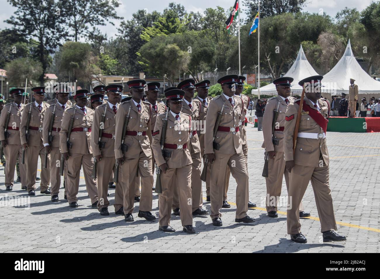 Kenyan police officers are seen in their ceremonial uniforms at a