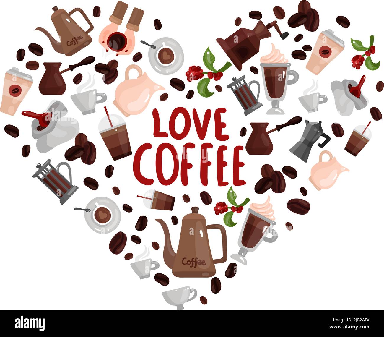 Love coffee design concept with heart image composed of different brewing devices and  coffee drinks isolated icons vector illustration Stock Vector