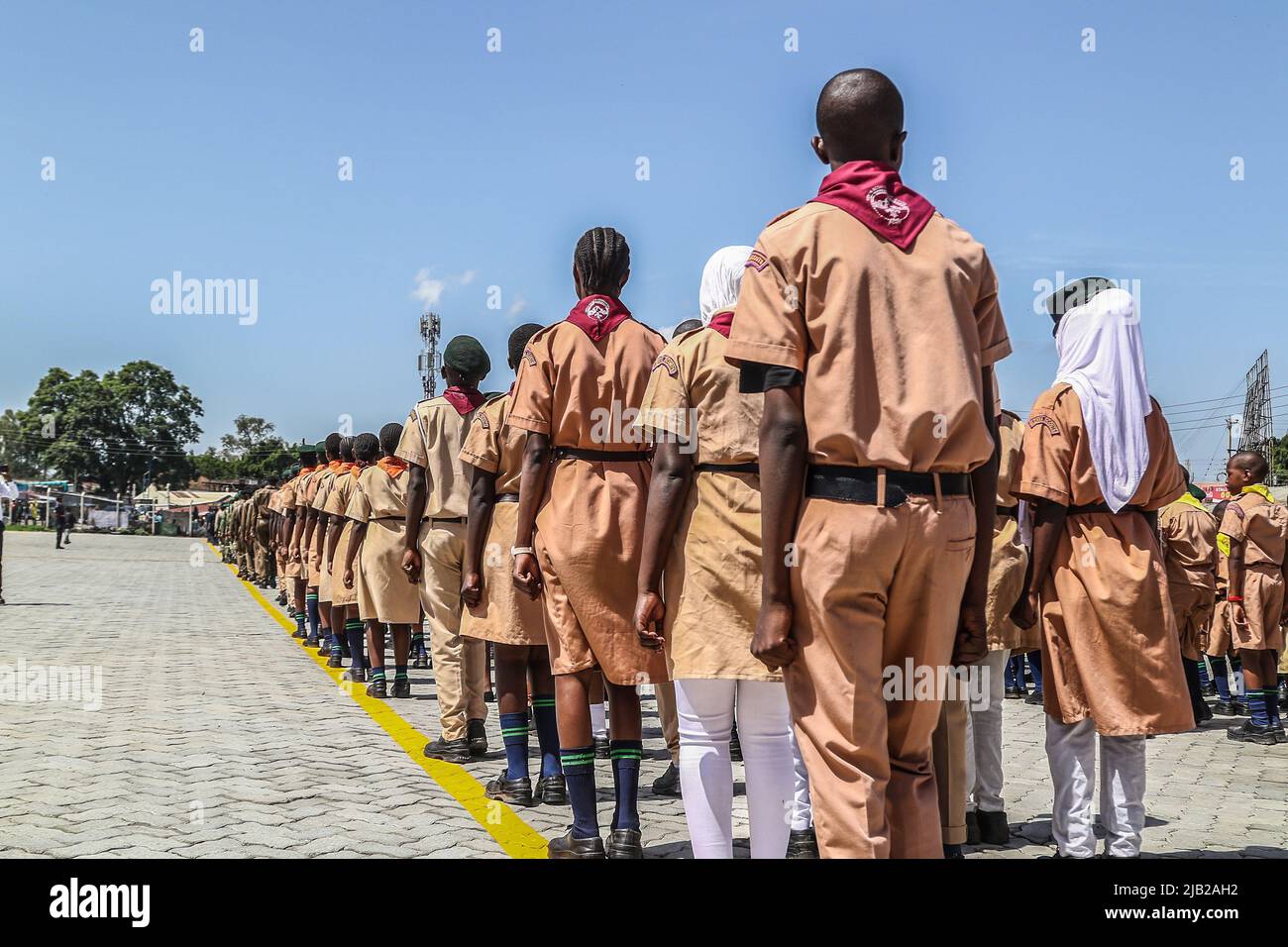 Kenyan scouts are seen in their uniforms at a parade during the commemoration of 59th Madaraka Day Celebrations held at Railways Grounds in Nakuru City. Kenya attained self-rule on June 1st, 1963 from the hands of the British colonial government. (Photo by James Wakibia / SOPA Images/Sipa USA) Stock Photo