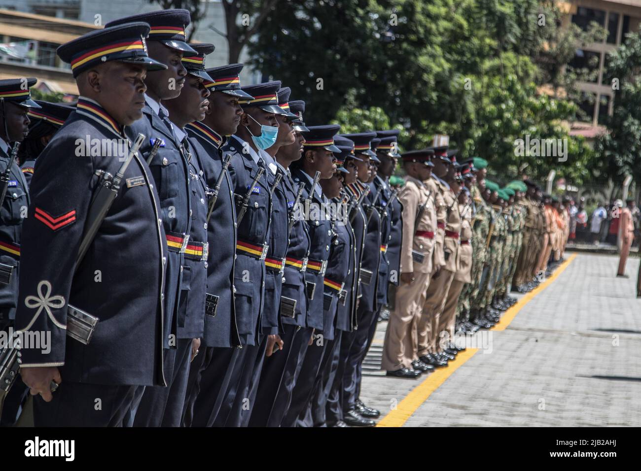 Kenyan police officers are seen in their ceremonial uniforms at a parade during the commemoration of 59th Madaraka Day Celebrations held at Railways Grounds in Nakuru City. Kenya attained self-rule on June 1st, 1963 from the hands of the British colonial government. (Photo by James Wakibia / SOPA Images/Sipa USA) Stock Photo