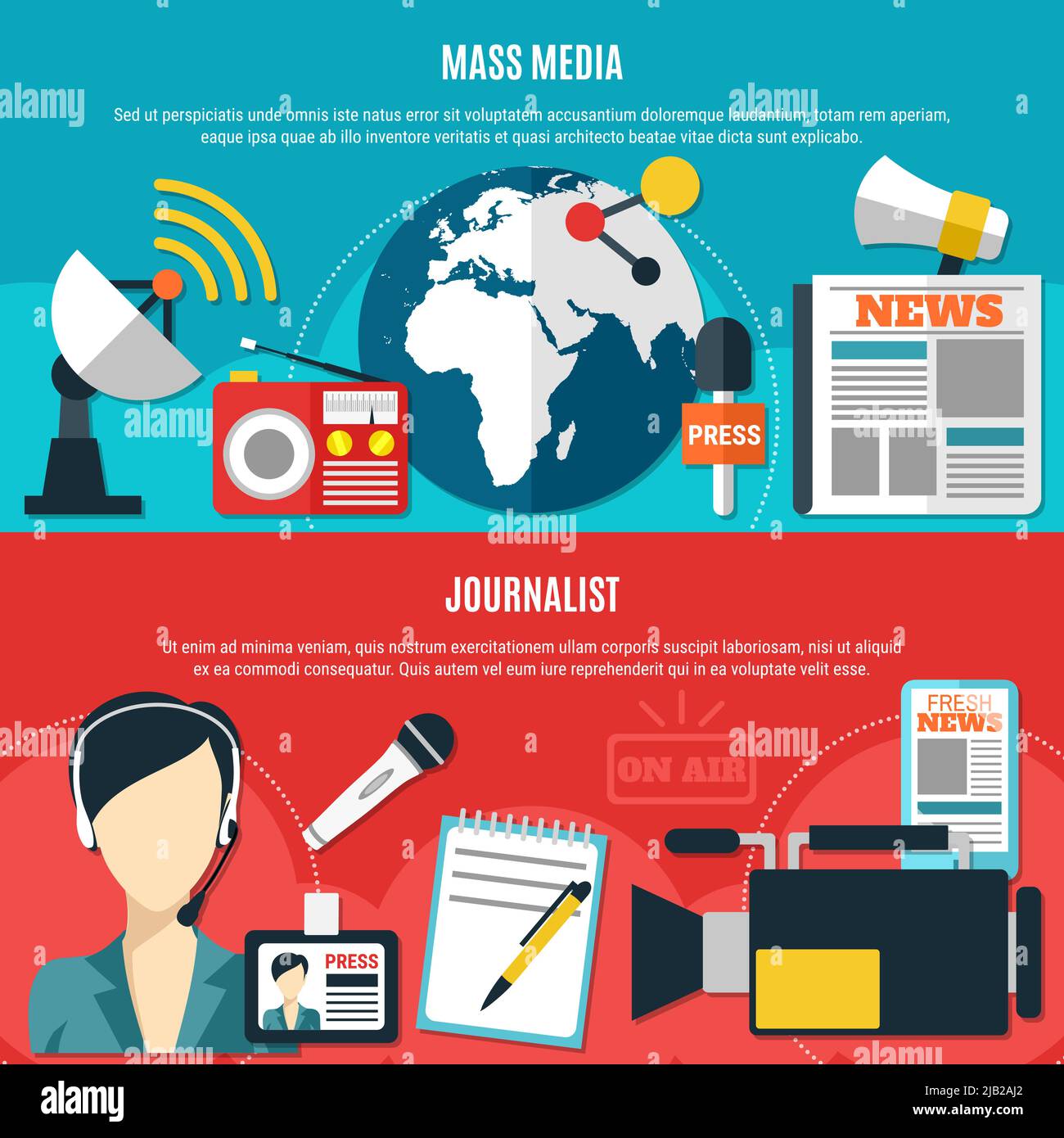 Mass media and journalist horizontal banners with classic journalist