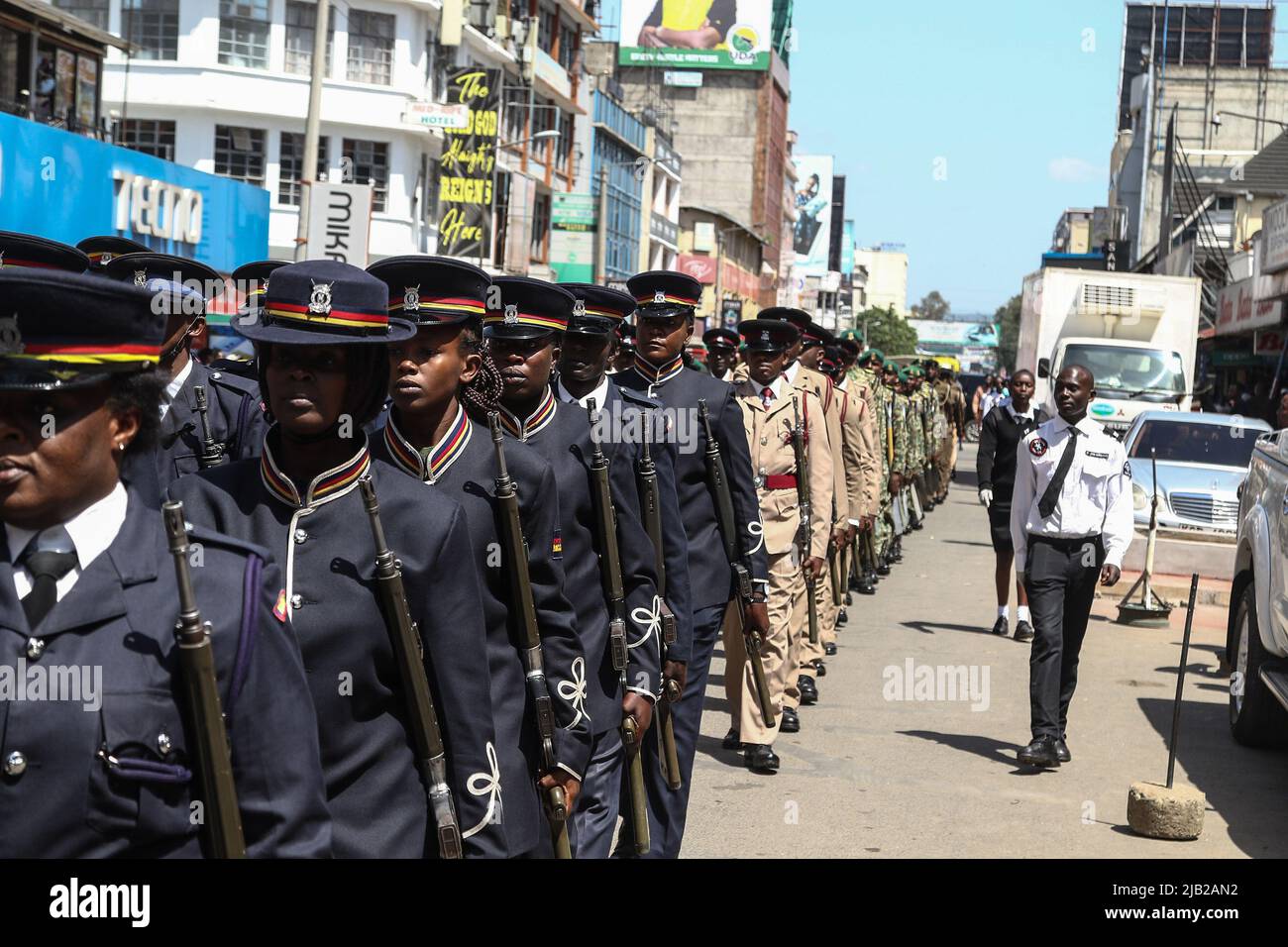 Kenyan police officers are seen in their ceremonial uniforms at a
